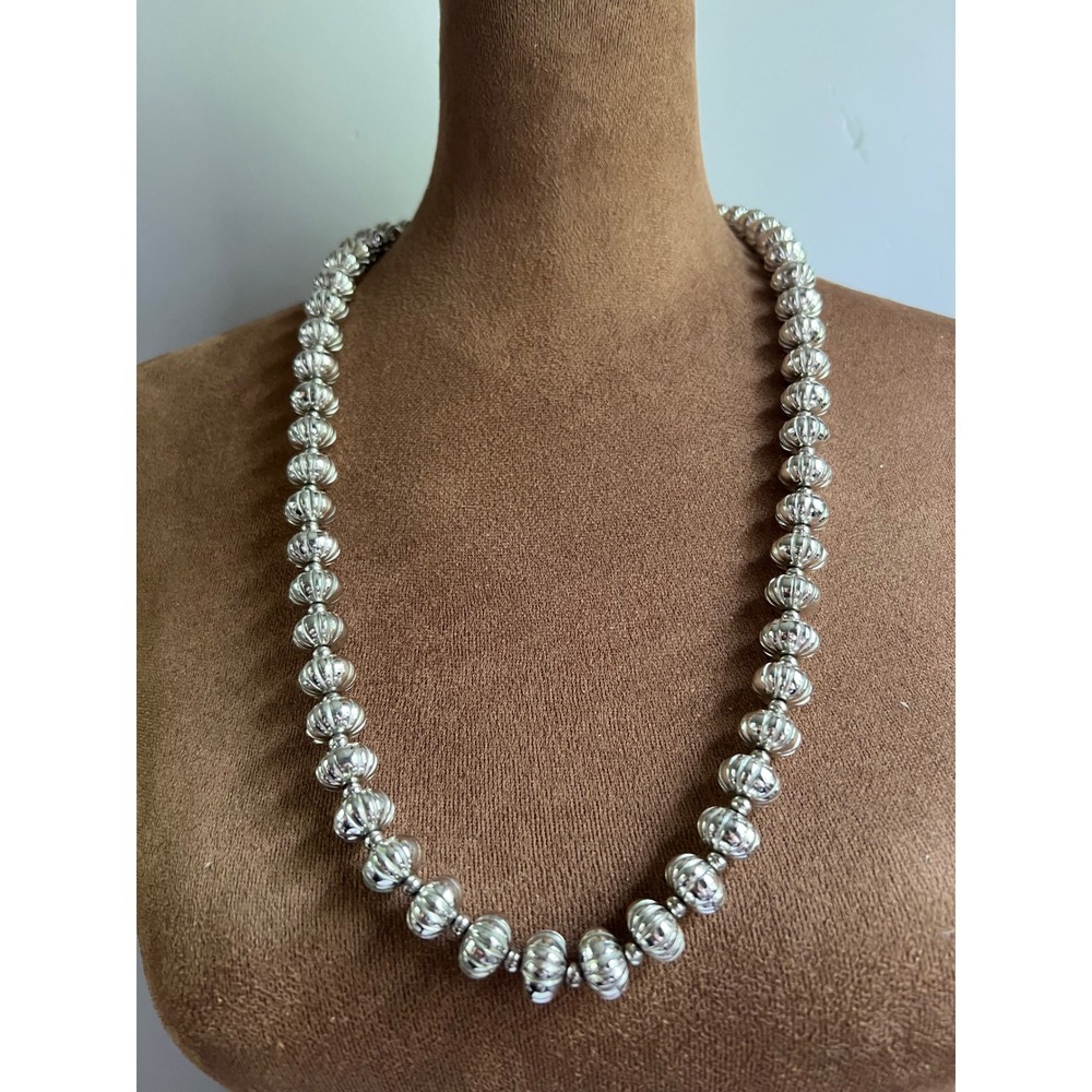 Monet Vintage Silver Tone Fluted Bead Necklace 28" Southwestern Western 80s